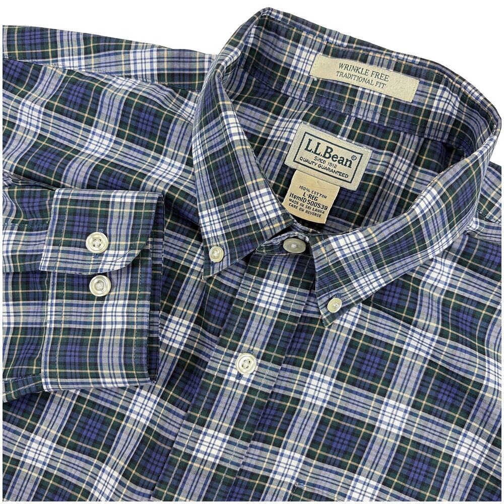 LL Bean Button Down Shirt Blue Plaid Men L Traditional Fit Cotton Wrinkle Free